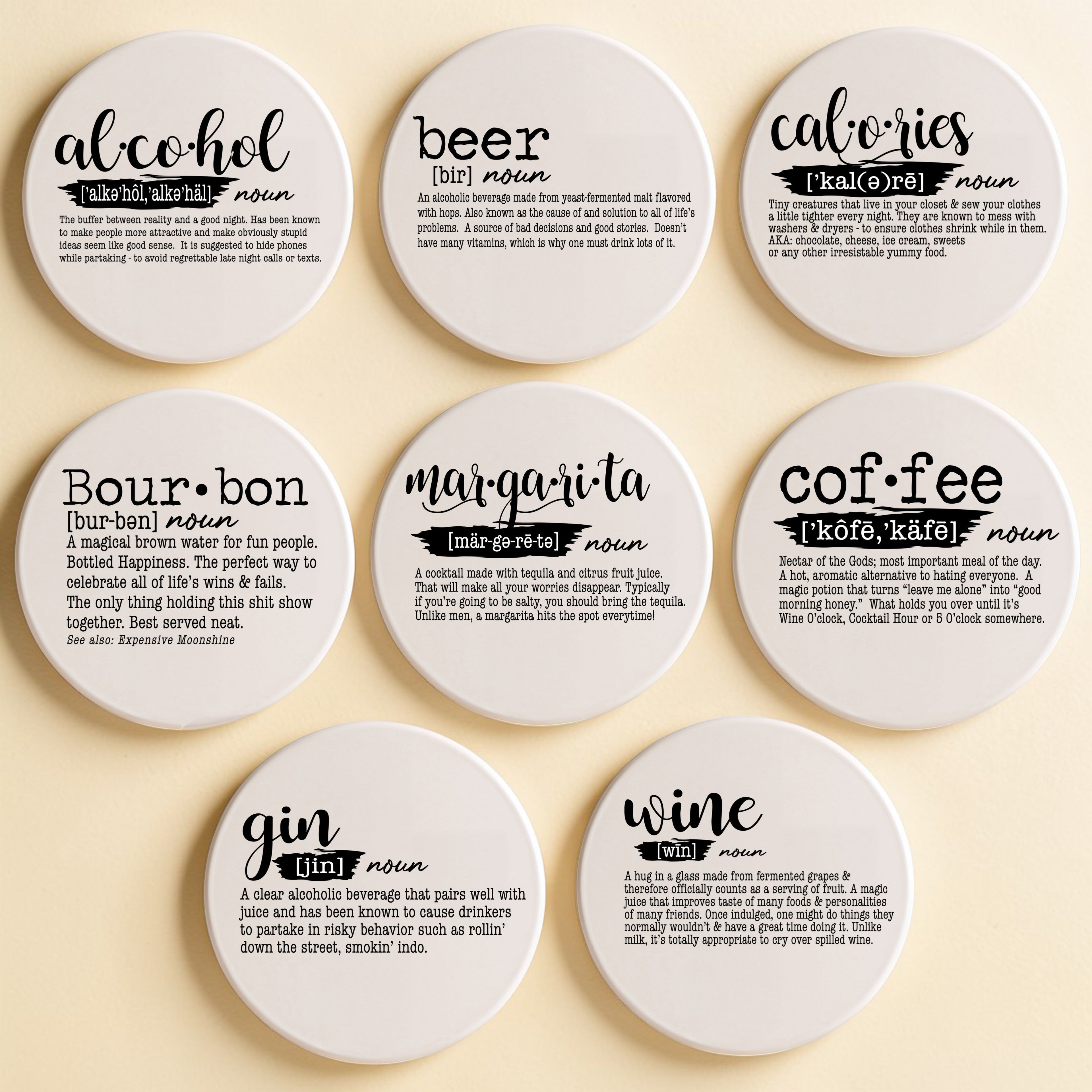 Drink Definition Ceramic Coasters - 14 Drinks | Single, 4-Pack or 6-Pack