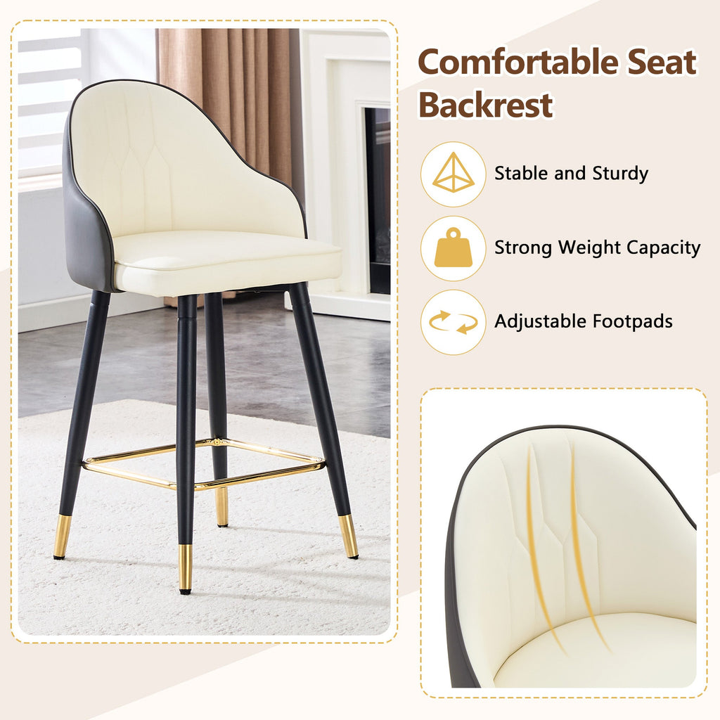 White & Dark Gray PU Leather Bar Stools – Set of 2 | 37.7" High with Ergonomic Backrest & Gold Footrest
