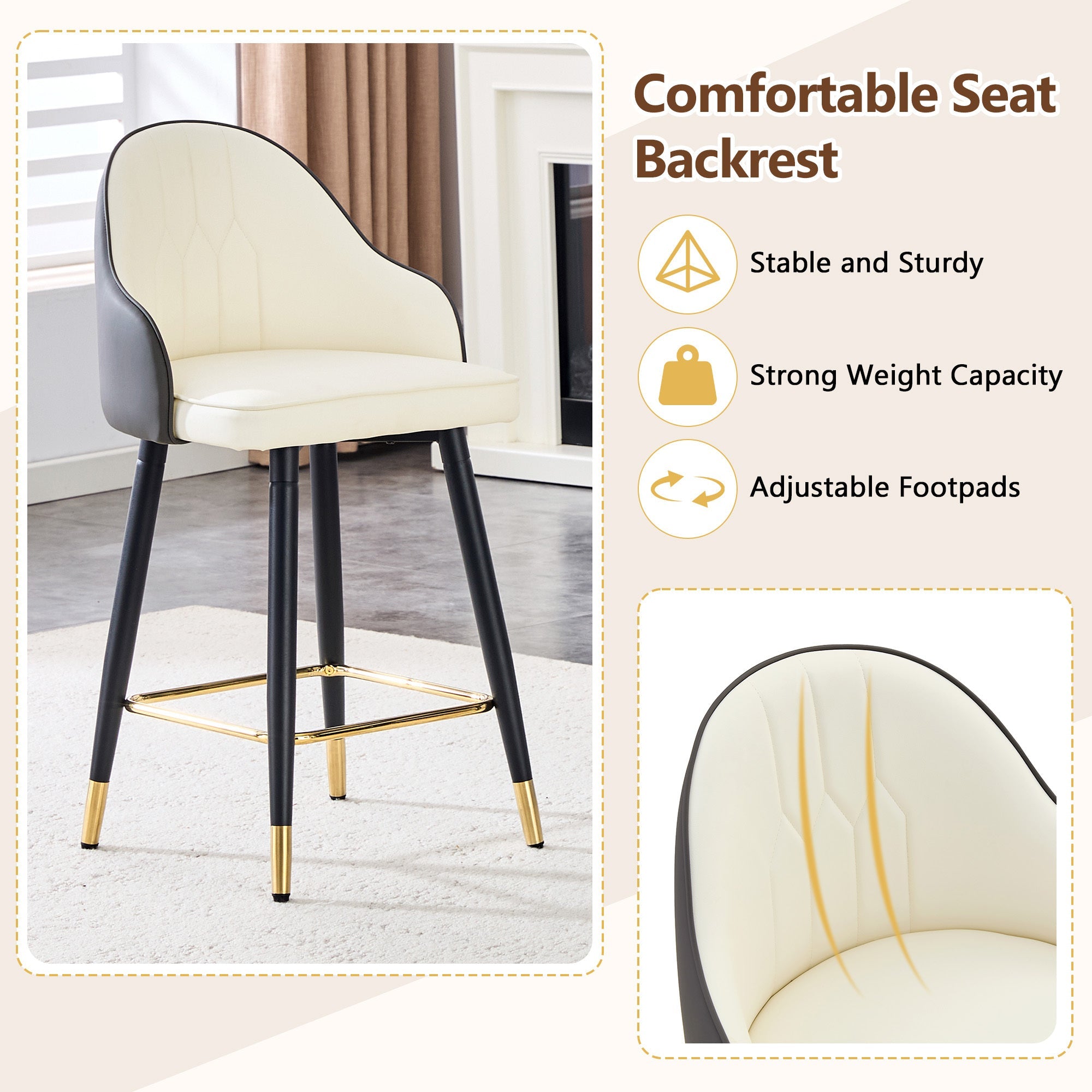 White & Dark Gray PU Leather Bar Stools – Set of 2 | 37.7" High with Ergonomic Backrest & Gold Footrest