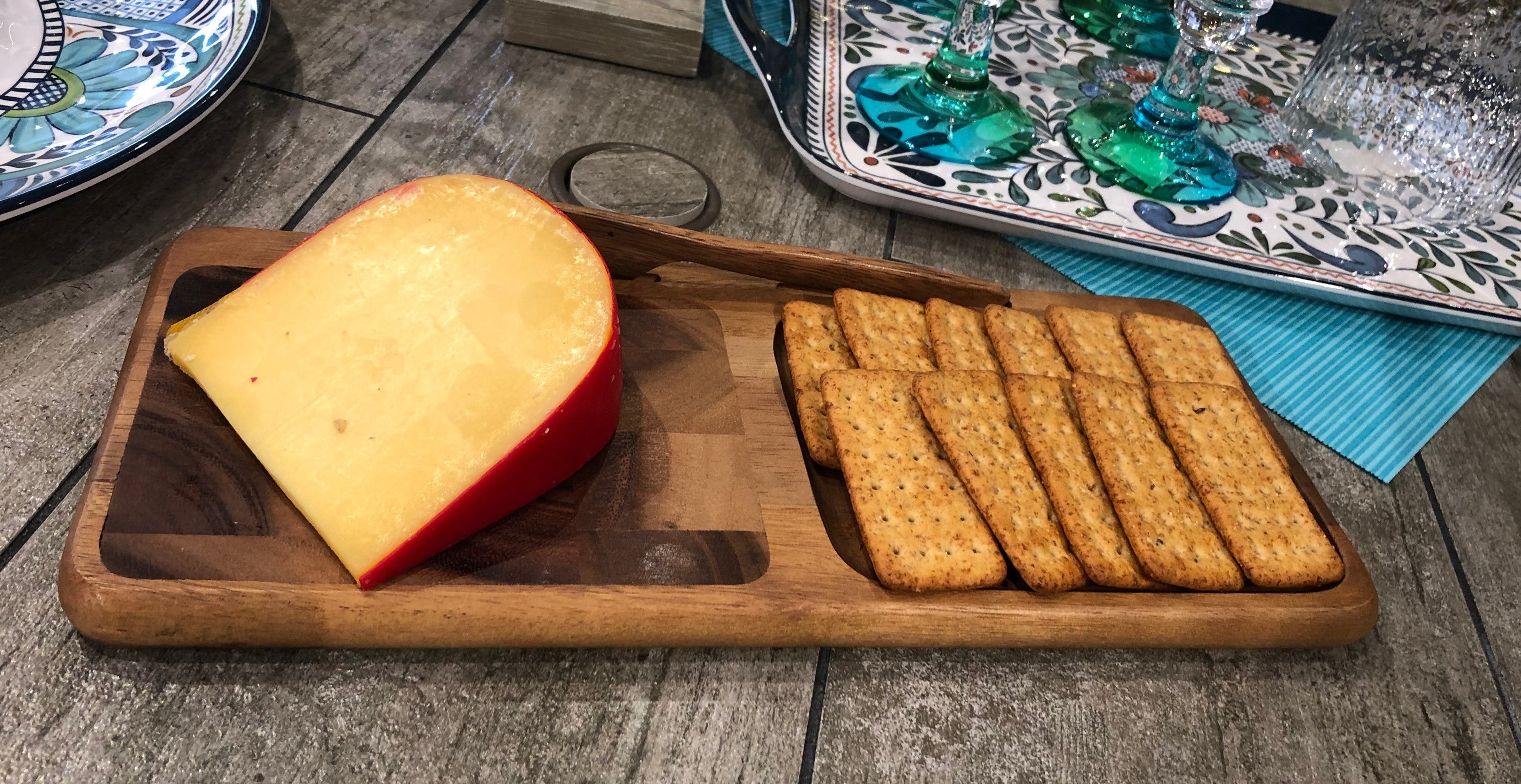 Acacia End-Grain Double-Section Cheese Board with Knife