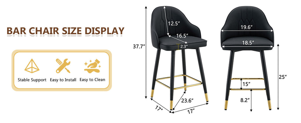 Black PU Leather Bar Stools – Set of 2 | 37.7" High with Ergonomic Backrest & Gold Footrest