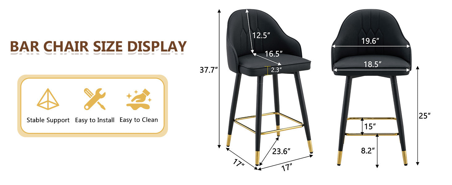 Black PU Leather Bar Stools – Set of 2 | 37.7" High with Ergonomic Backrest & Gold Footrest