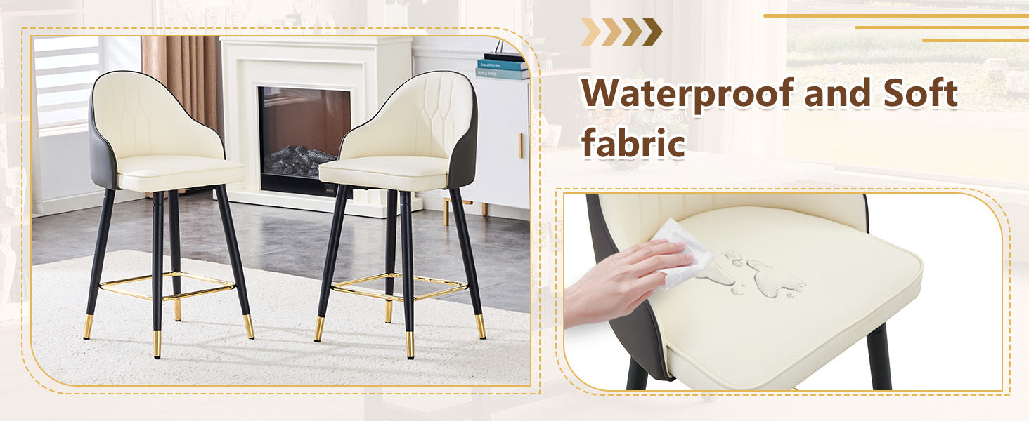 White & Dark Gray PU Leather Bar Stools – Set of 2 | 37.7" High with Ergonomic Backrest & Gold Footrest
