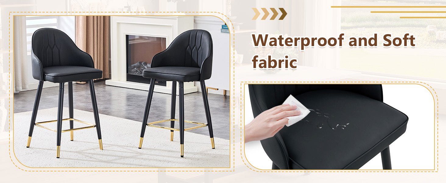 Black PU Leather Bar Stools – Set of 2 | 37.7" High with Ergonomic Backrest & Gold Footrest