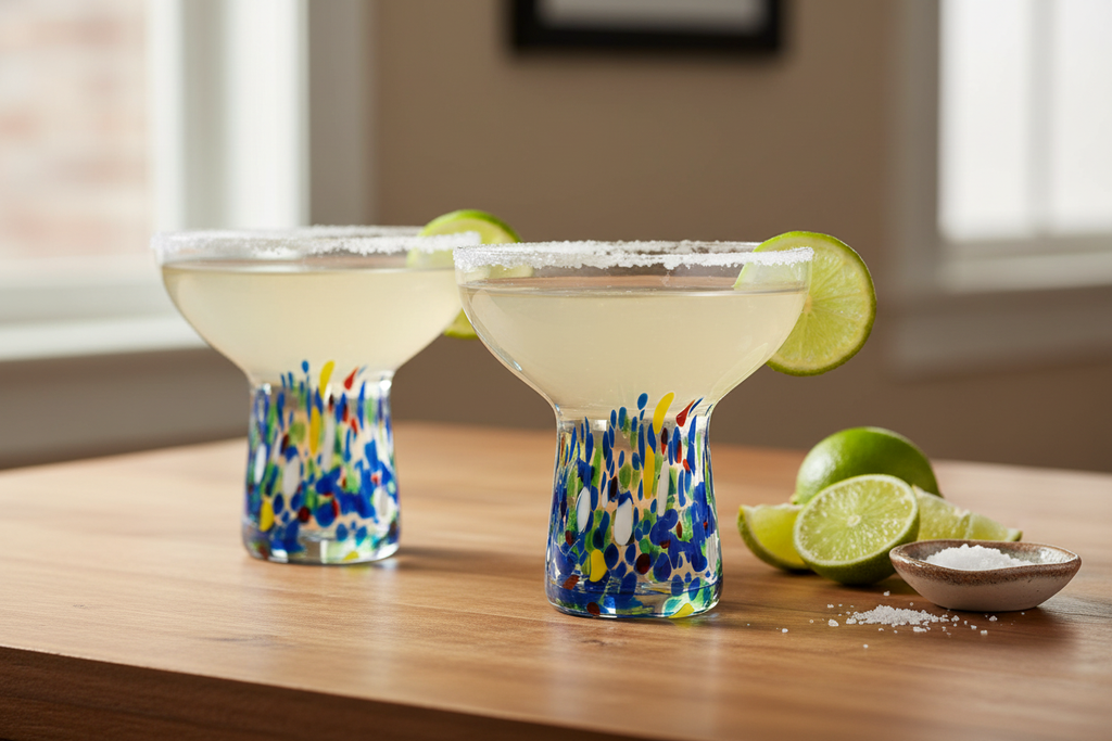 Hand-Blown Confetti Margarita Glasses - Both Glasses Natural Light