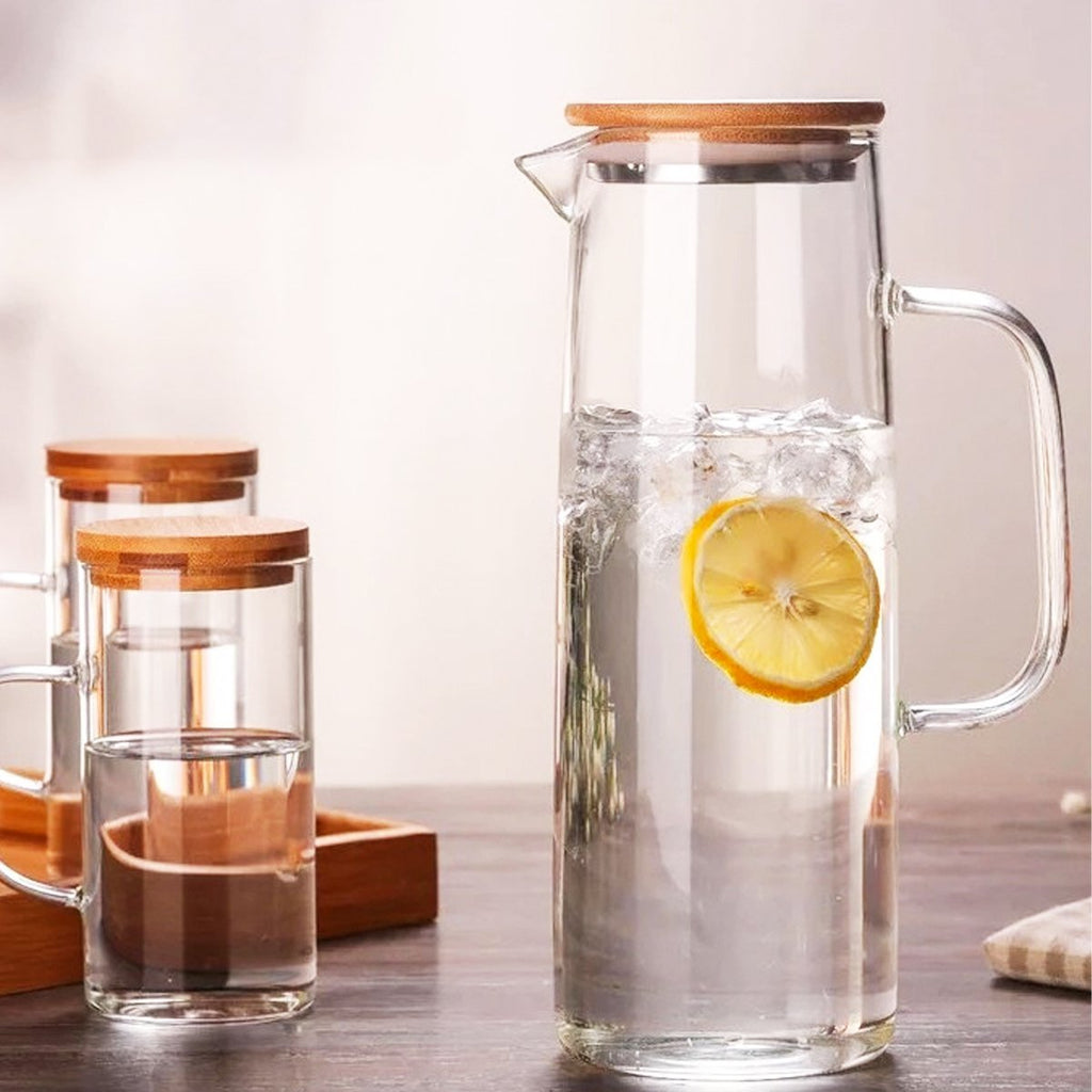 Hand Blown Glass & Bamboo Pitcher Set – Pitcher with 4 Cups & Lids