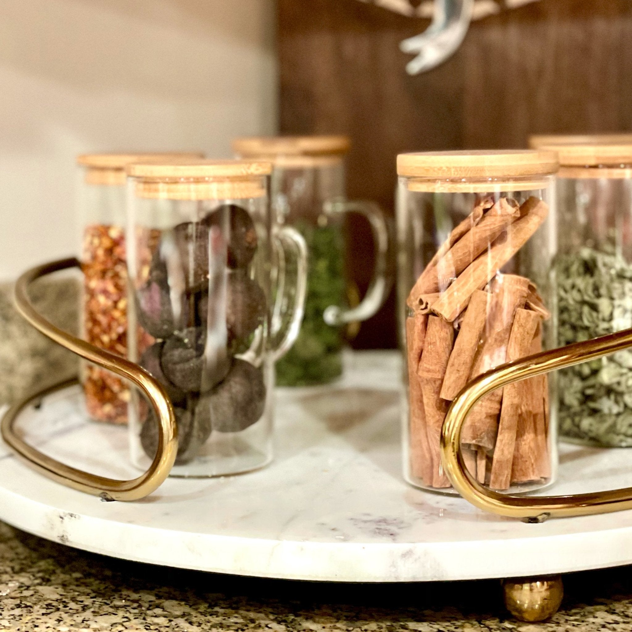 Hand Blown Glass & Bamboo Pitcher Set – Pitcher with 4 Cups & Lids