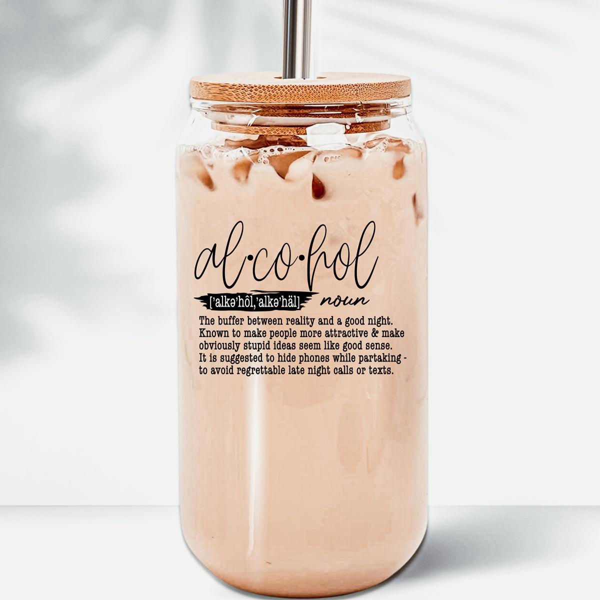 "Alcohol" Definition Glass Can Tumbler – 17oz with Bamboo Lid & Straw