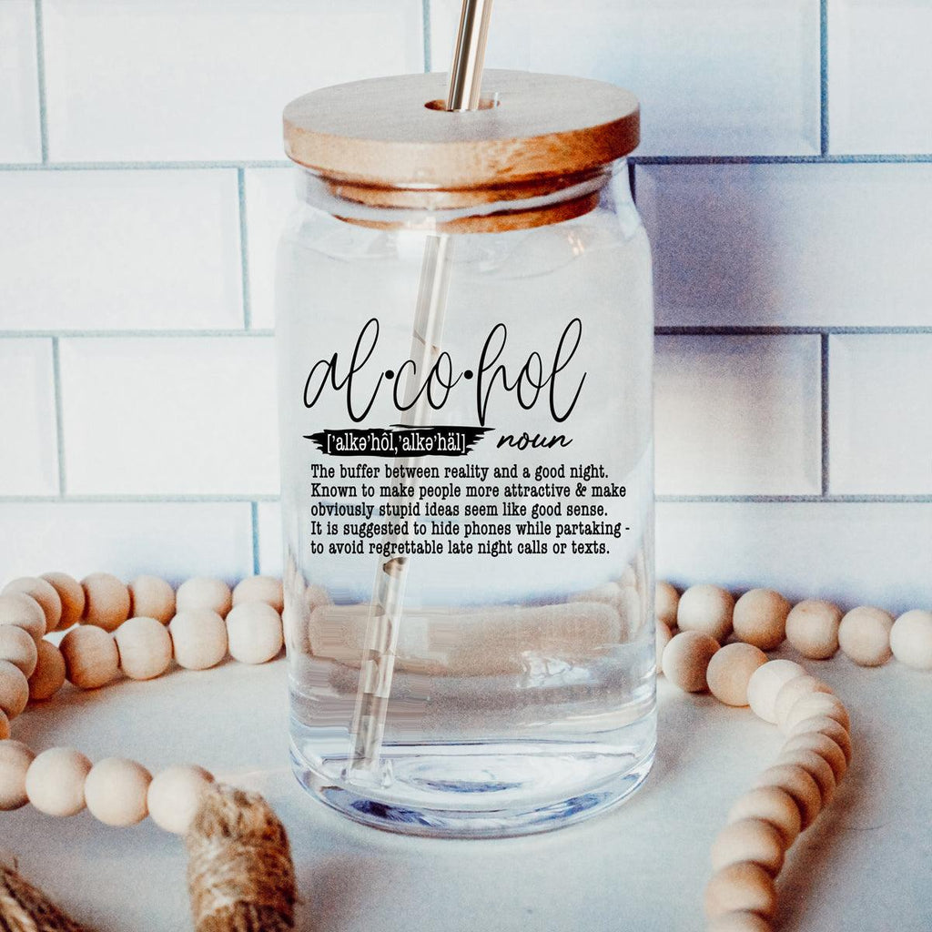"Alcohol" Definition Glass Can Tumbler – 17oz with Bamboo Lid & Straw