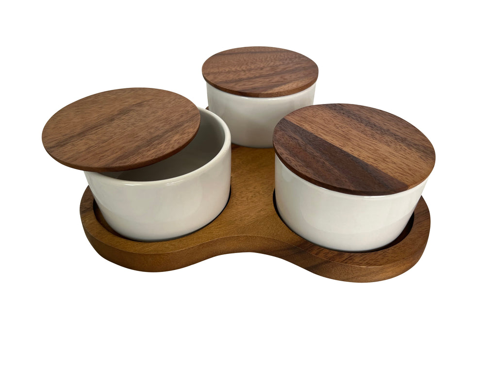 Acacia Triangular Serving Board with 3 White Ceramic Bowls