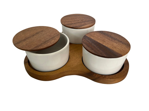 Acacia Triangular Serving Board with 3 White Ceramic Bowls