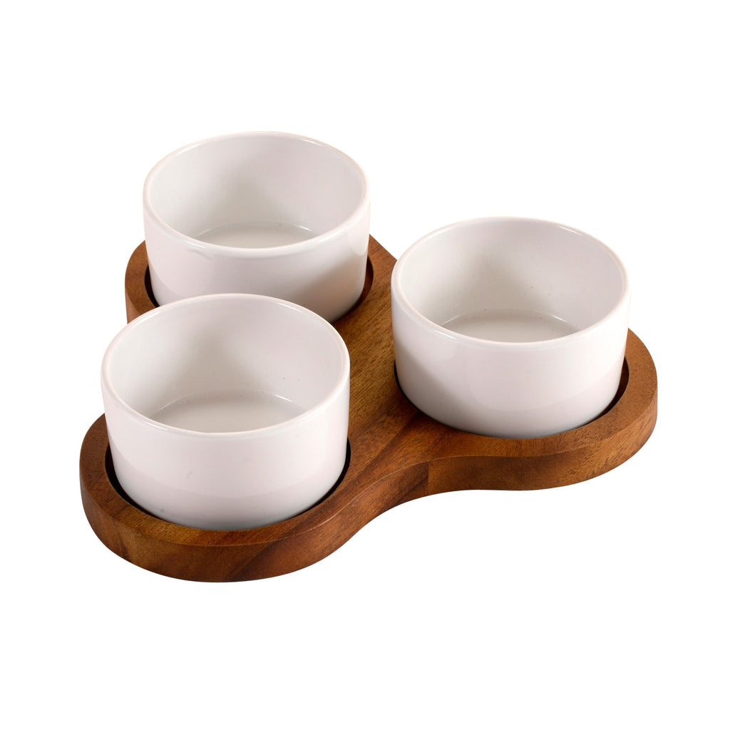 Acacia Triangular Serving Board with 3 White Ceramic Bowls